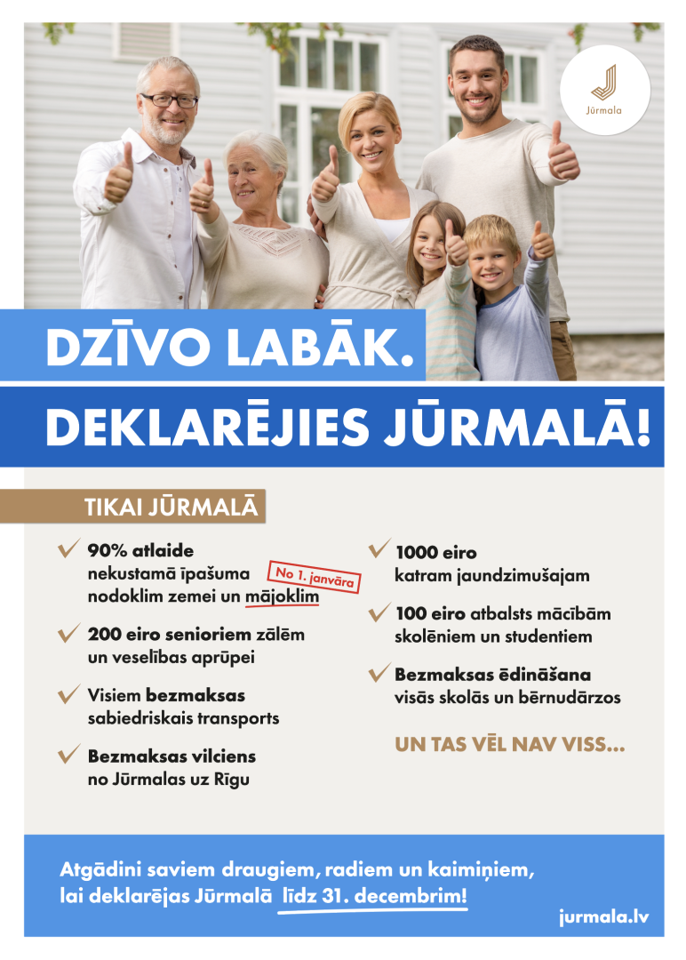Plakāts ar priekšrocībām, kādēļ deklarēties Jūrmalā