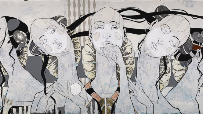 4.	Roberts Koļcovs. Ādams un četras Ievas. 2021. Audekls, akrils, tuša. 80 x 200 cm 