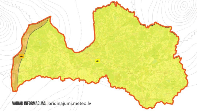 Latvijas karte ar brīdinājumu par stipru vēju