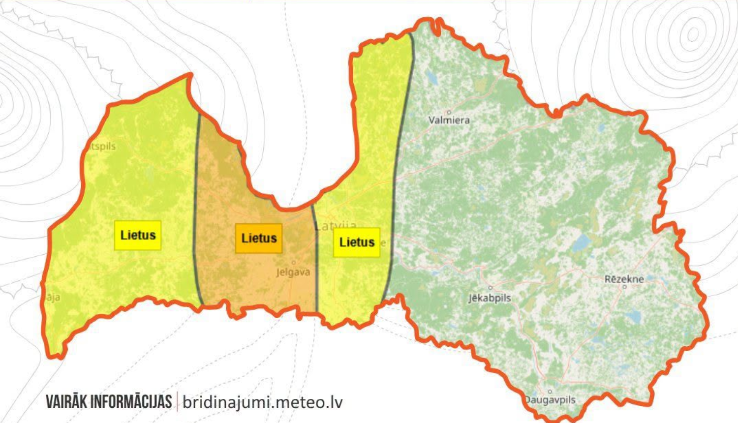 Latvijas karte ar lietus brīdinājumu