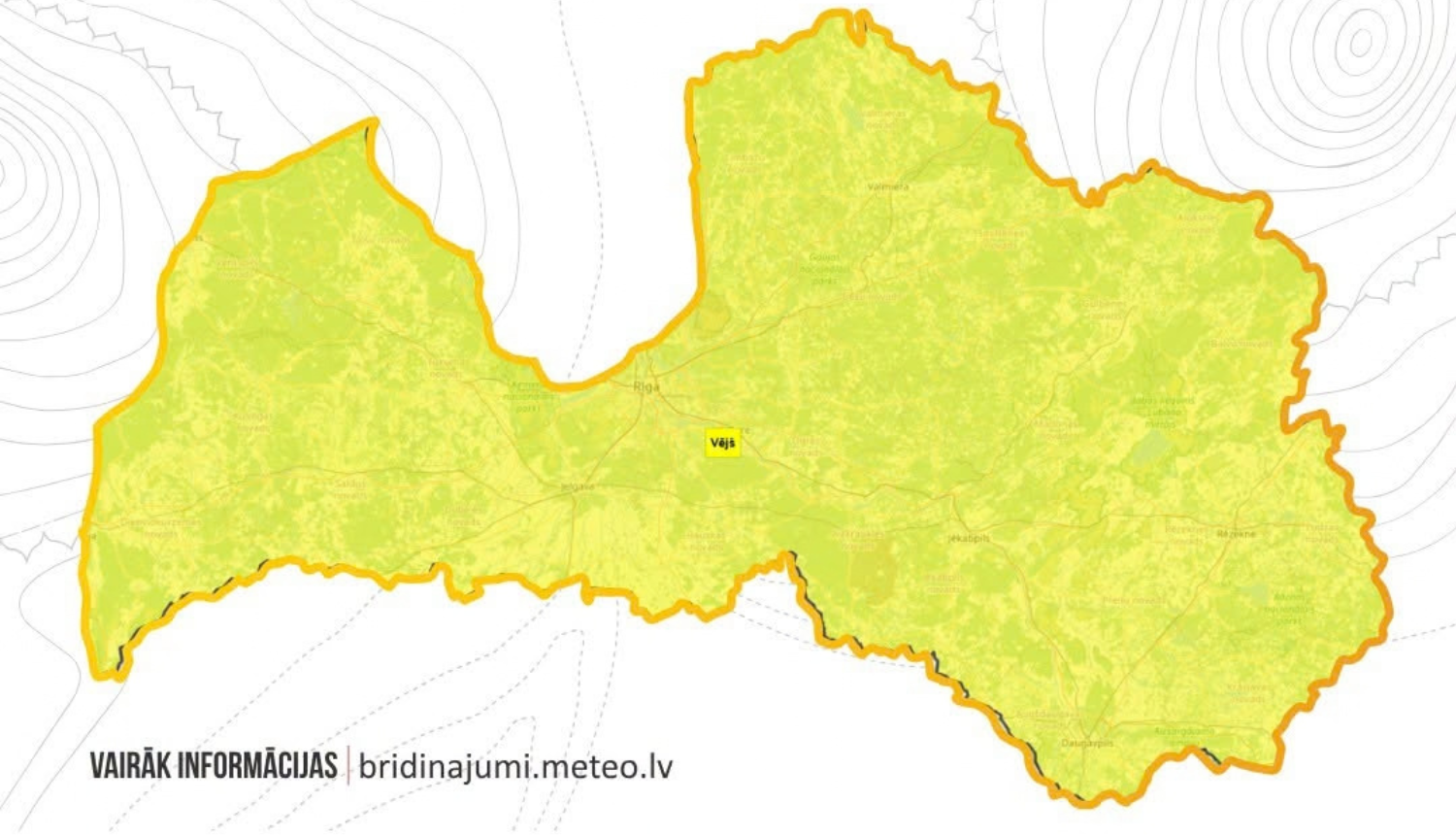 Dzeltena Latvijas karte ar uzrakstu vējš