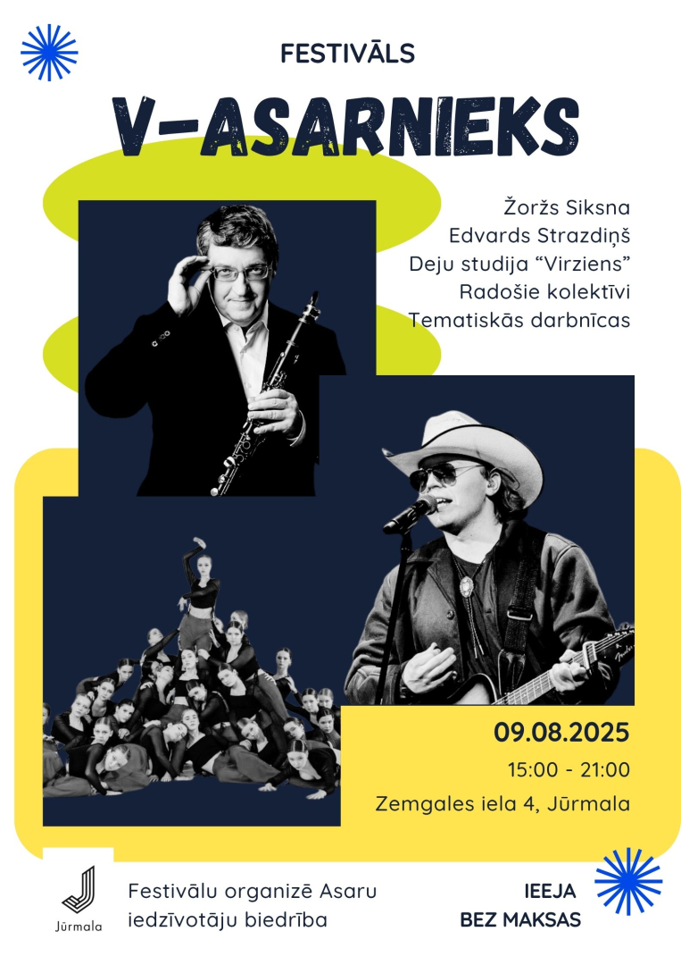Plakāts, kas reklamē festivālu "V-asarnieks", kurš notiks 2025. gada 9. augustā no plkst. 15:00 līdz 21:00 Jūrmalā, Zemgales ielā 4