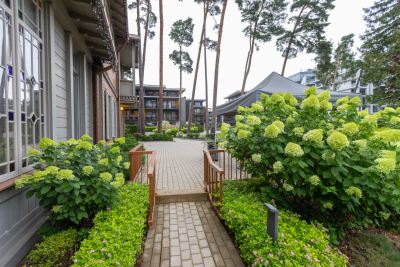 sakopts īpašums ar puķēm, pa vidu neliels tiltiņš