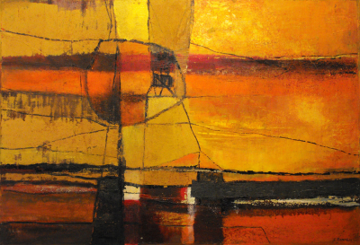 abstrakta glezna, kurā dominē siltie toņi – dzeltenais, oranžais un sarkanais