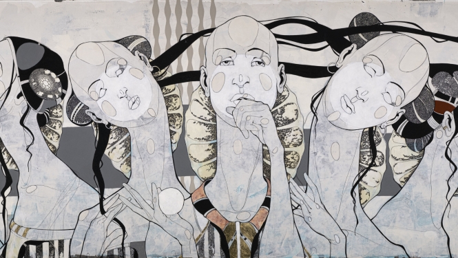 4.	Roberts Koļcovs. Ādams un četras Ievas. 2021. Audekls, akrils, tuša. 80 x 200 cm 