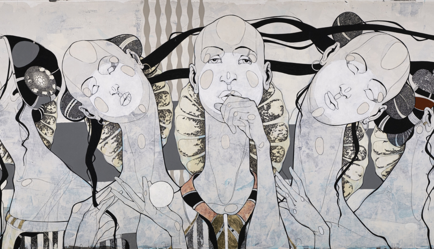 4.	Roberts Koļcovs. Ādams un četras Ievas. 2021. Audekls, akrils, tuša. 80 x 200 cm 